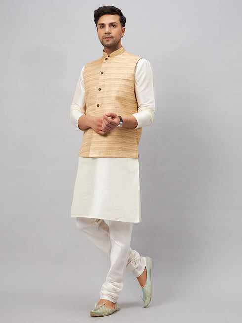 Vastramay Men's Beige Matka Silk Nehru Jacket With Cream Silk Blend Kurta Pyjama Set
